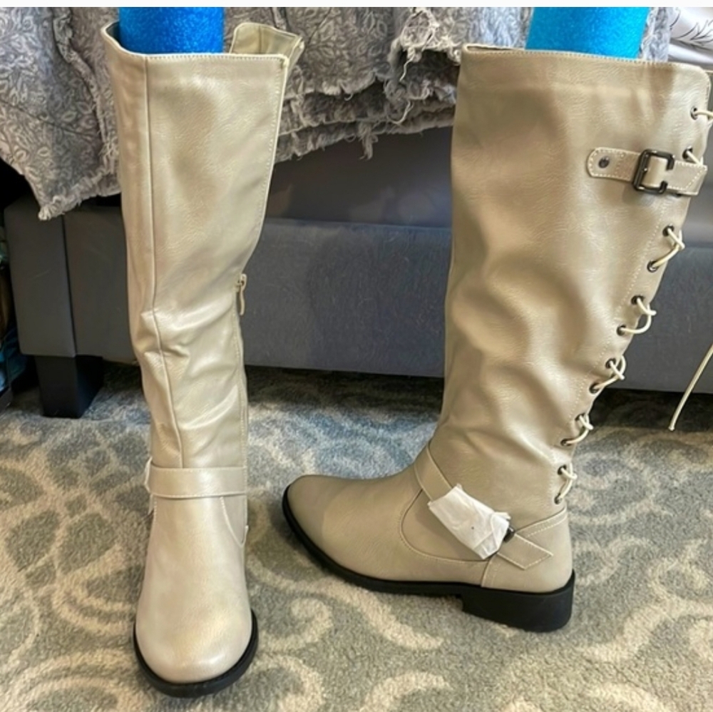 Wanted Lady Luck Over the Knee Boots in Cream Faux Leather Sz 6 New